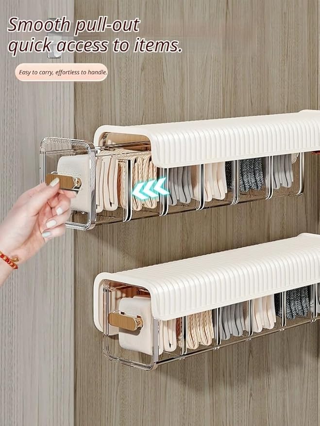 2 PCS No-Drill Wall Mount Underwear Organizer - Clear Drawer with Removable Dividers for Closet, 6-Slot Hanging Storage for Socks, Bras, Panties, Smooth Gliding & Space Saving (Grey/Transparent)
