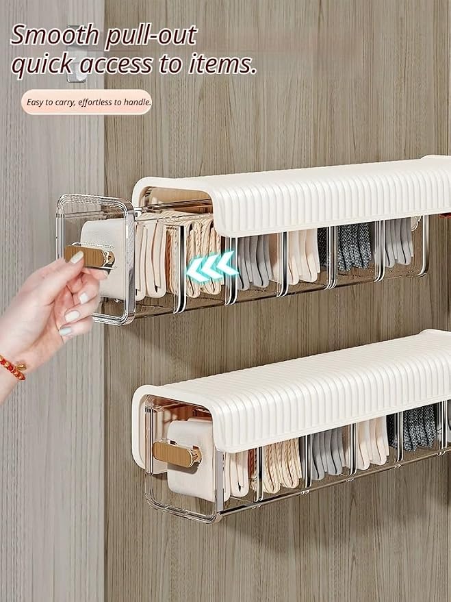2 PCS No-Drill Wall Mount Underwear Organizer - Clear Drawer with Removable Dividers for Closet, 6-Slot Hanging Storage for Socks, Bras, Panties, Smooth Gliding & Space Saving (White&Transparent)