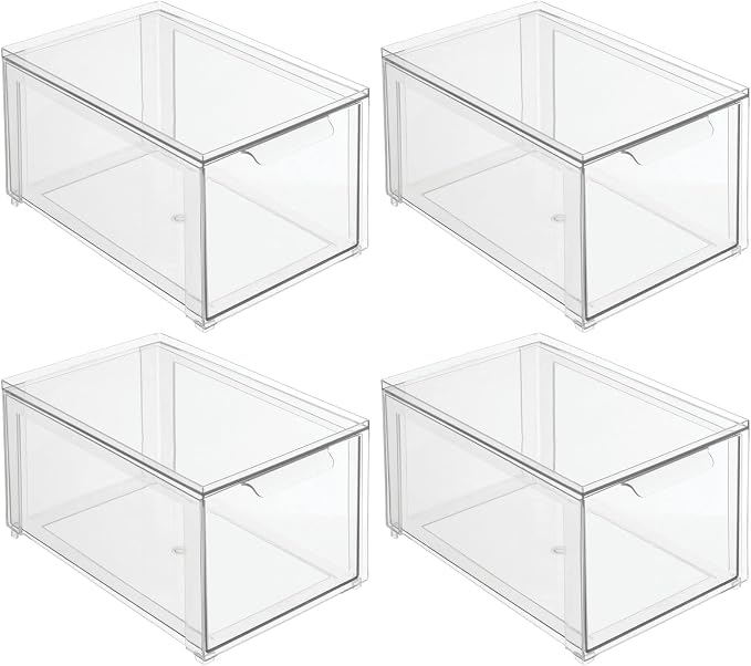 mDesign Plastic Stackable Bathroom Storage with Pull Out Bin Organizer Drawer for Cabinet, Vanity, Shelf, Cupboard, Cabinet, or Closet Organization - Lumiere Collection - 4 Pack - Clear