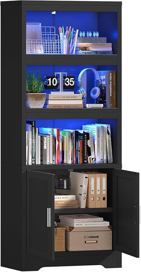 Book Shelf and Bookcase with Doors, 5-Tier Display Storage Cabinet with Adjustable Shelves, Open Compartments, Remote Control LED Lights, Tall cabinet for Bathroom Kitchen Living Room, Home Office