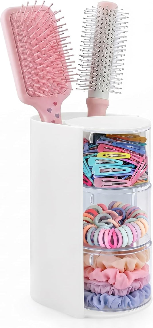 neotidy Hair Accessories Organizer with Hair Brush Holder, Rotating Hair Tie Product Organizer for Girls, 3-Tier Makeup Brush Holder for Clips, Bows & Brushes (White, 3-Tier)