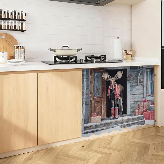 Self Adhesive Vintage Moose & Cabin Cabinet Curtain for Mother's Day, 39x28 Inch Rustic Lodge Under Sink Skirt No Drill, Spring Cleaning Kitchen Decor, Hook and Loop Laundry Valance