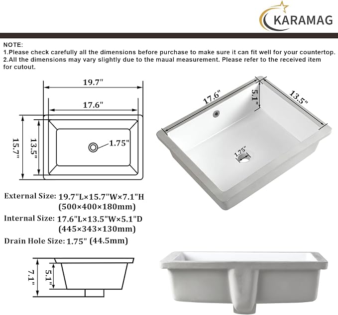 20 Inch Undermount Bathroom Sink Rectangle Undermount Sink White Ceramic Under Counter Bathroom Sinks with Overflow (19.7"x15.7")