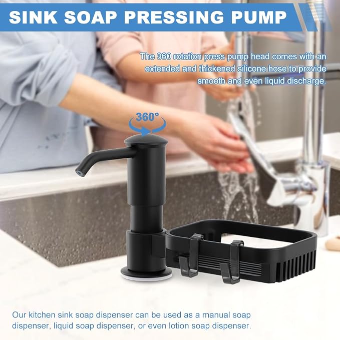 Soap Dispenser Pump for Kitchen Sink with Sponge Rack,Under Counter Sink Soap Dispenser Pump with 39" Extension Tube Kit,Fit for Kitchen Bathroom in Counter(Black)