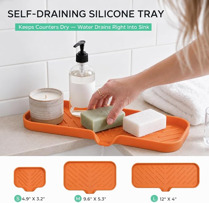MicoYang Silicone Soap Dish with Drain Spout — Self-Draining Double Sink Organizer Tray for Kitchen & Bathroom, Dispensers, Sponges & Soap Holder, Non-Slip & Dishwasher Safe, Orange (Large, 12"×4")