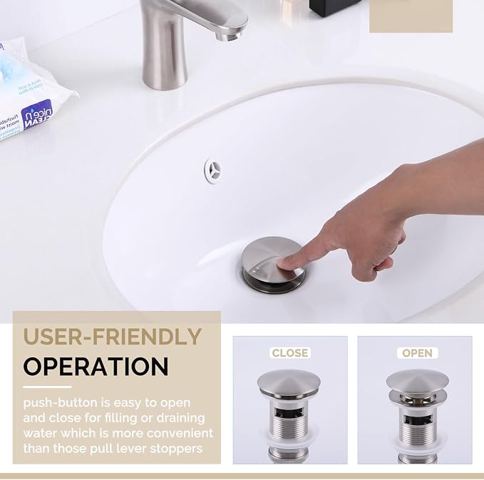 Angle Simple Bathroom Sink Drain, Brass Pop Up Drain Stopper for Vanity Sink with Overflow, Brushed Nickel