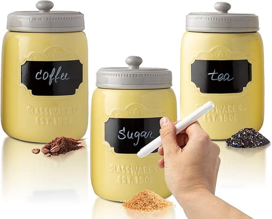 Comfify Mason Jar Ceramic Canister Set for Kitchen - Set of 3 Decorative Storage Containers with Air-Tight Lids for Coffee, Sugar - Country Style Storage w/Reusable Writable Surface - 12.85oz/Canister