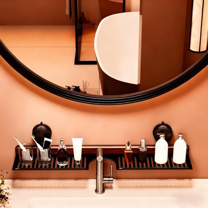 Bathroom Sink Shelf Over Faucet, No Drill Floating Shelf for Bathroom Sink, Under Sink Caddy Organizers for Toothbrush Soap (Black, 24 inch)
