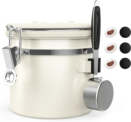 ShanSon Coffee Canister Airtight, Stainless Steel Bean Storage Container with Date Tracker & Scoop, Grounds Sugar Flour Tea Cereal Fits Kitchen Pantry, Ideal Gift for Coffee Lovers,12oz,Beige