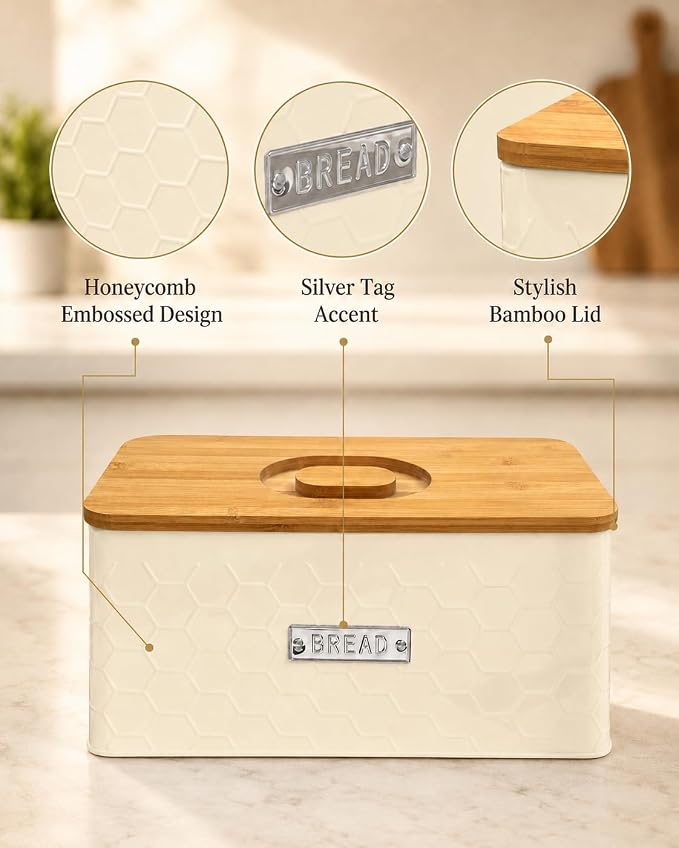 vensovo Bread Box for Countertop – Large Cream White Metal Bread Bin with Bamboo Cutting Board Lid, Farmhouse Bread Storage Container for Homemade Bread, Baked Goods & Kitchen Counter Organization