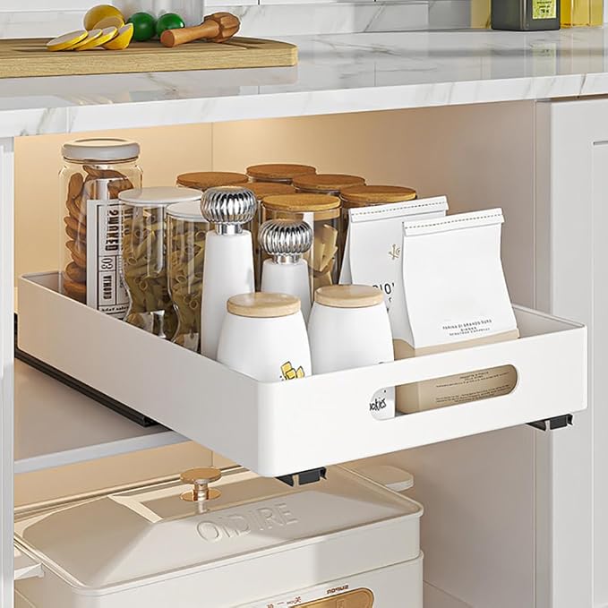 Pull Out Cabinet Organizer, Heavy Duty Slide Out Drawer, No Drill Pull Out Drawers, Sliding Pull-Out Pantry Shelves for for Cabinets, Roll Out Shelf Storage for Kitchen Bathroom White
