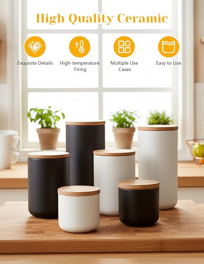 YYW Ceramics Food Storage Jar Canister with Airtight Seal Bamboo Lid, Simple Style Kitchen Canister for Food Storage, Store Coffee, Sugar, Tea, Spices and More (White (27.05oz/800ml))