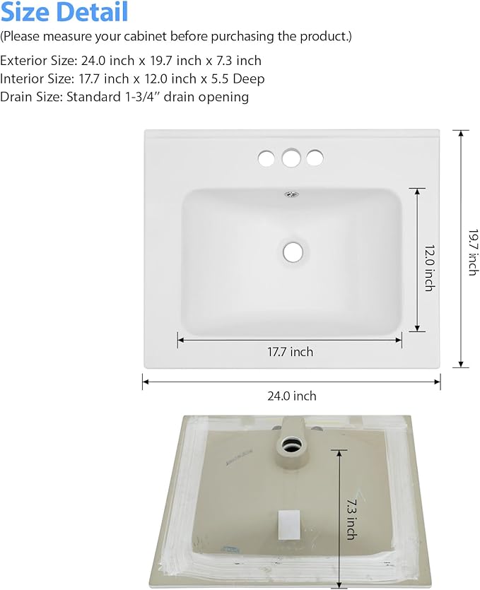 Lordear White Bathroom Sink 3 Holes Drop In 24 X 20 Inch Three Holes Porcelain Ceramic Bathroom Vanity Top Sink Basin 24"