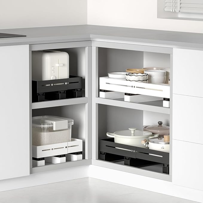 Pull Out Cabinet Organizer With Raising Pad for Framed Cabinets,Adjustable Depth(12.8"-17.5") And Width(14.8"-20.5"),Slide Out Drawers,No Drill Design,Heavy Duty Storing,White