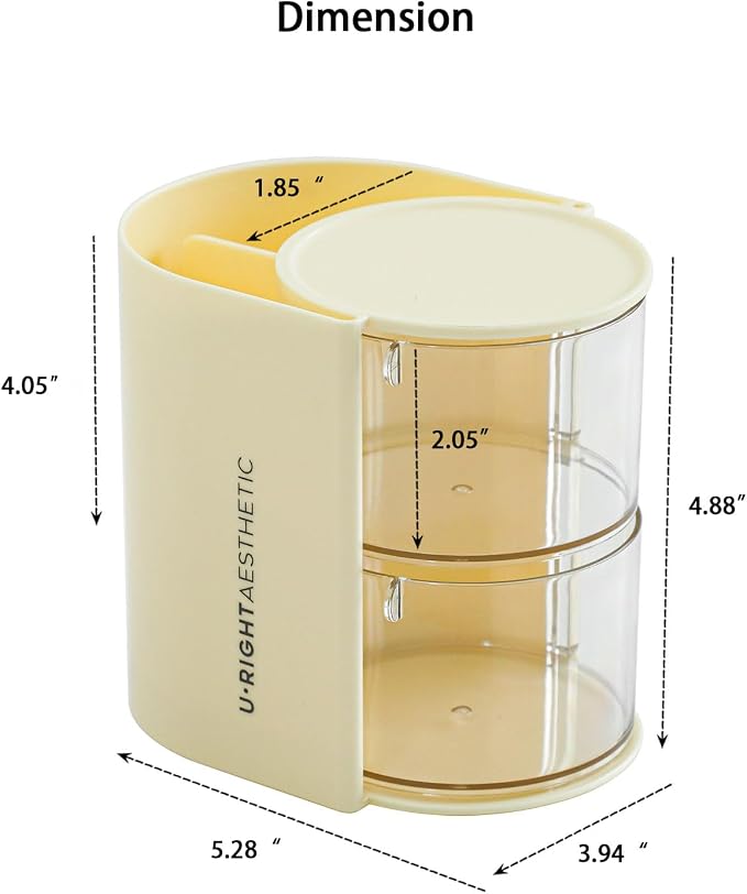 FABROK 2-Layer Clear Hair Accessories Organizer with Hair Brushes Holder, Rotatable Small Jewelry Box for Necklaces、Earring, Desktop Organizer Case for Hair Accessories, Cotton Swab(Yellow)