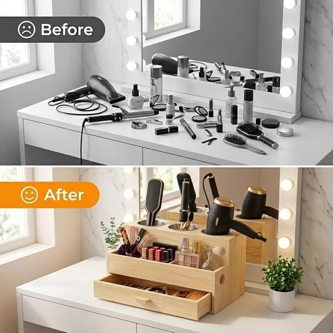 Hair Tool Organizer, Wooden | Bathroom Countertop, Heat-Safe Stainless Steel Cups, Professional Bamboo Styling Station