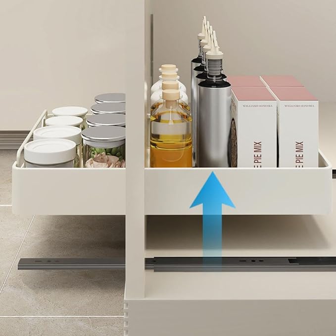 Pull Out Cabinet No Drill No Nails Sliding Storage Solution for Kitchen & Bathroom White 43x30x7cm Easy to Install Space Saving Design，White 43 * 30 * 7cm