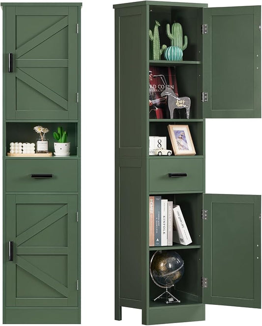 TEENFON 67" H Tall Bathroom Storage Cabinet with Barn Doors and Drawer, Narrow Bathroom Cabinet, Narrow Storage Unit, Adjustable Shelves, Floor Cabinets for Living Room, Forest Green