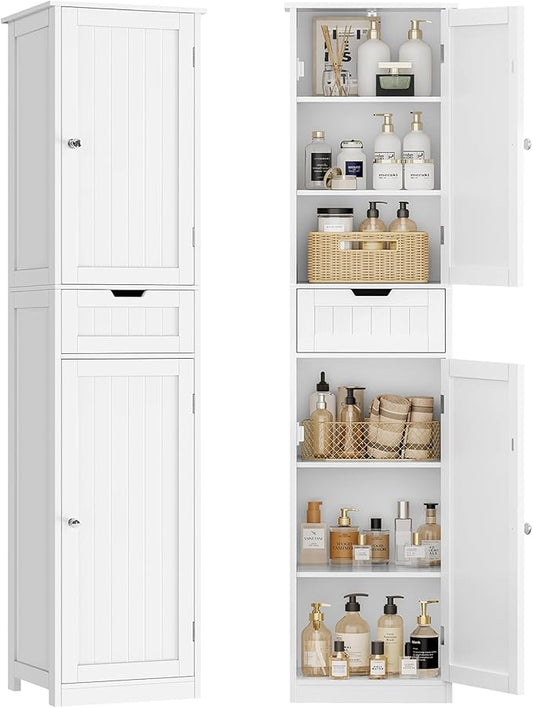 TEENFON 67" H Tall Bathroom Cabinet with 2 Doors & 1 Drawer, Narrow Bathroom Storage Cabinet with Adjustable Shelves, for Living Room, Entryway, Kitchen, White