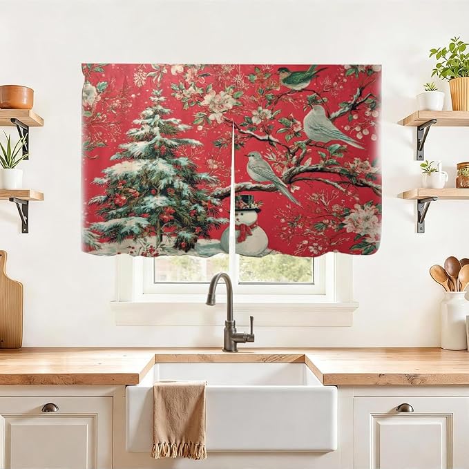 Self Adhesive Red Bird & Pine Tree Cabinet Curtain for Mother's Day, 39x28 Inch Vintage Floral Under Sink Skirt No Drill, Spring Cleaning Kitchen Decor, Hook and Loop Laundry Valance