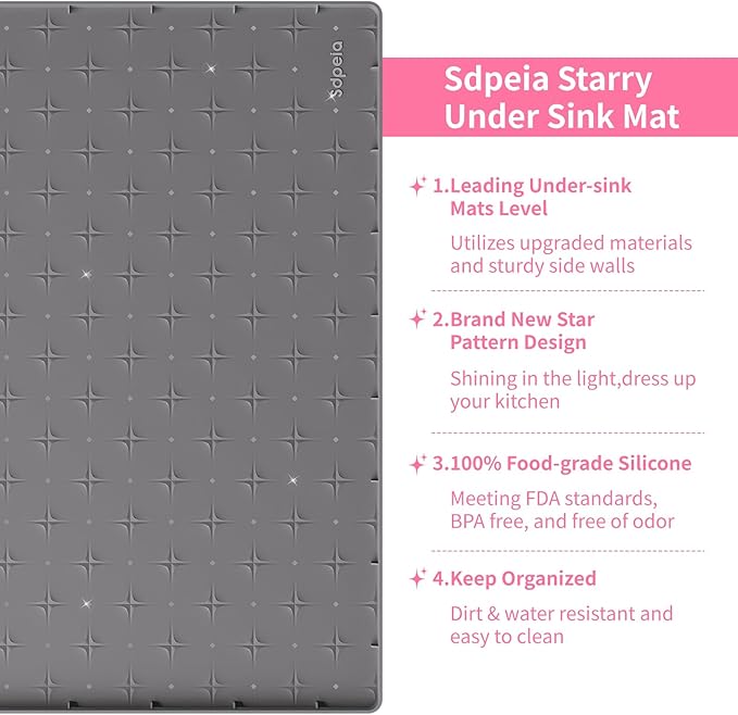 Sdpeia Under Sink Mat 28"×22" Waterproof Silicone Cabinet Liner & Sink Protector for Kitchen & Bathroom, Multi-Purpose Organizers Tray for Pets, Laundry, Cat Litter Mat,Gray