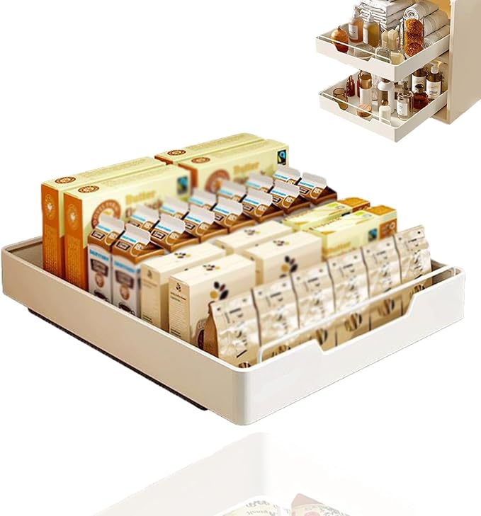 Kitchen Cabinet Organizer Pull Out Drawers Stick On Slide Out Drawers for Cupboards Roll Out Extendable Sliding Drawer No Drill Needed White,Width 40cm