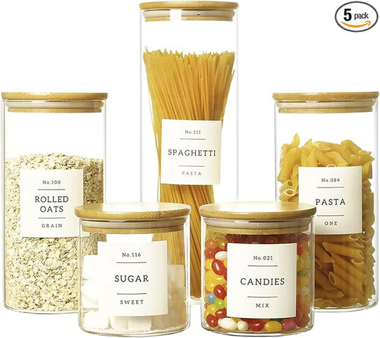 HHMJSM 5 Pcs Glass Food Storage Containers With 132 Pantry Labels Preprinted - Thicken(3mm) Jars Airtight Bamboo Lid Stackable Kitchen Canisters Set For Candy, Cookie, Rice, Sugar, Flour
