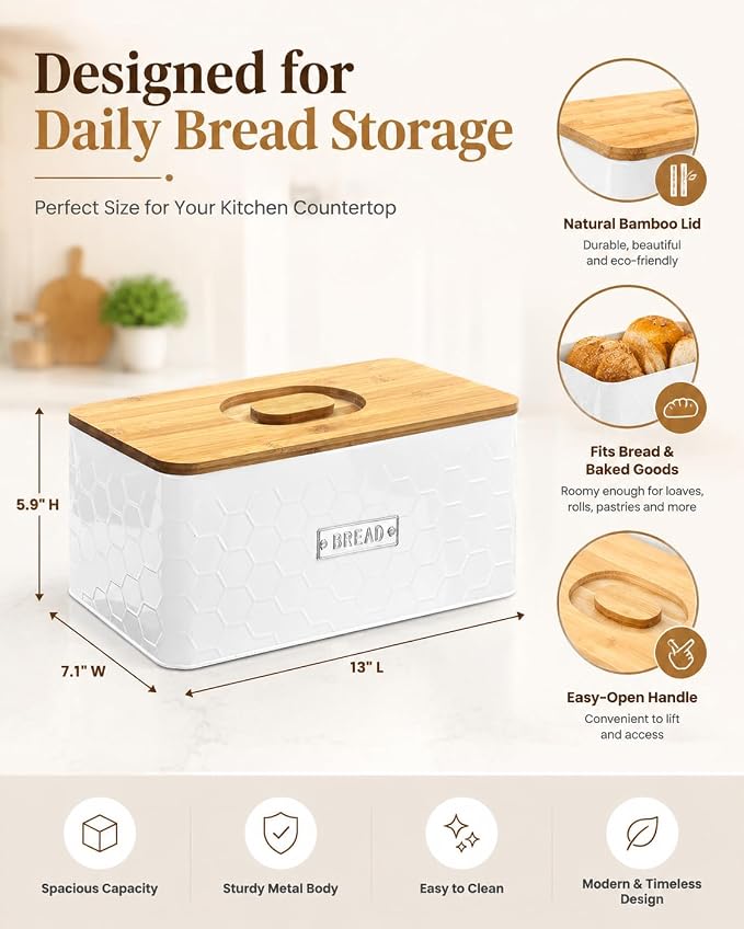 vensovo Bread Box for Countertop – Large White Metal Bread Bin with Bamboo Cutting Board Lid, Farmhouse Bread Storage Container for Homemade Bread, Baked Goods & Kitchen Counter Organization