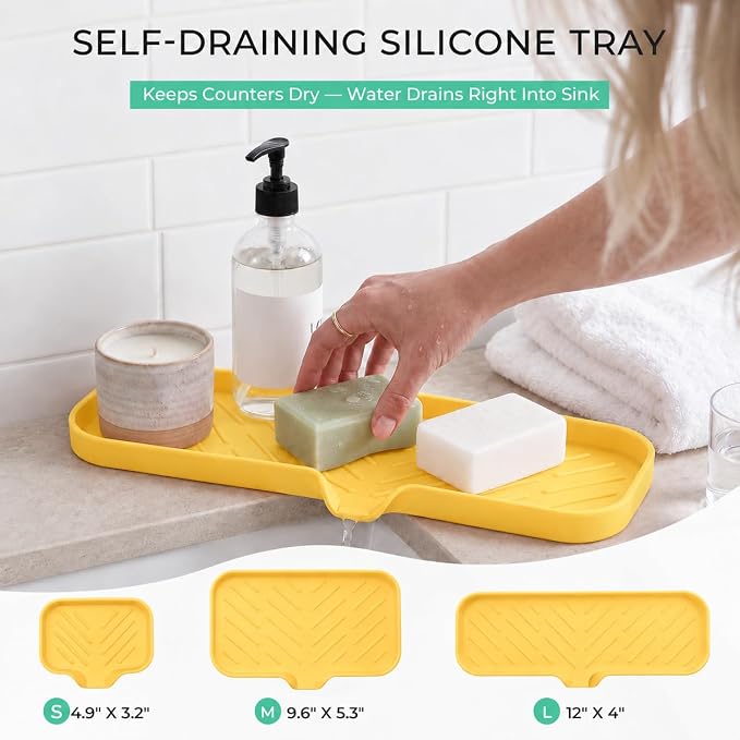 MicoYang Silicone Soap Dish with Drain Spout — Self-Draining Double Sink Organizer Tray for Kitchen & Bathroom, Dispensers, Sponges & Soap Holder, Non-Slip & Dishwasher Safe, Yellow (Large, 12"×4")