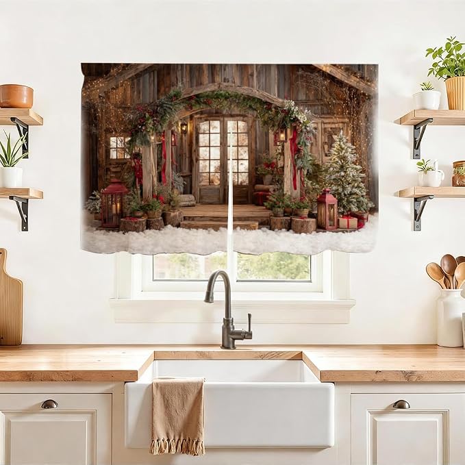 Self Adhesive Cabinet Curtain for Mother's Day, 39x28 Inch Rustic Wood Cabin Under Sink Skirt No Drill, Spring Cleaning Kitchen Decor, Hook and Loop Laundry Shelf Valance, Fabric Panel