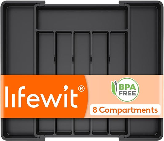 Lifewit Silverware Drawer Organizer, Expandable Utensil Tray for Kitchen, BPA Free Flatware and Cutlery Holder, Adjustable Plastic Storage for Spoons Forks Knives, 11-18 x 14", Black