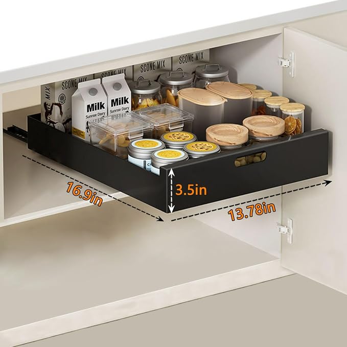 Pull Out Drawers for Cabinets 16.9"Deep, Slide Out Drawers for Kitchen Cabinets Adhesive Pull Out Cabinet Organizer, Cabinet Pull Out Shelves for Kitchen Bathroom and Pantry(Black,13.78"W)