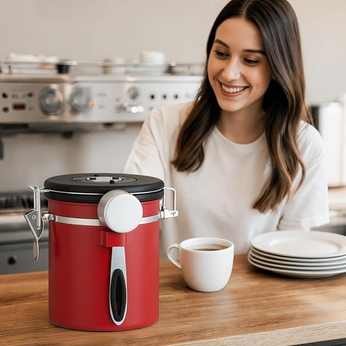 ShanSon Coffee Canister Airtight, Stainless Steel Bean Storage Container with Date Tracker & Scoop, Grounds Sugar Flour Tea Cereal Fits Kitchen Pantry, Ideal Gift for Coffee Lovers,12oz,Red