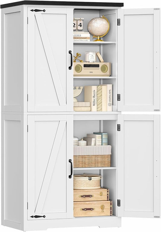 TEENFON 58" H Storage Cabinet with Adjustable Shelf, Farmhouse Kitchen Pantry Cabinet, Bathroom Cabinet with 4 Doors, Cupboard for Kitchen, Bathroom, Living Room, White