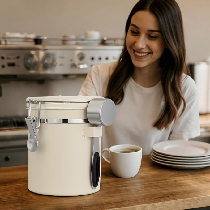 ShanSon Coffee Canister Airtight, Stainless Steel Bean Storage Container with Date Tracker & Scoop, Grounds Sugar Flour Tea Cereal Fits Kitchen Pantry, Ideal Gift for Coffee Lovers,22oz,Beige