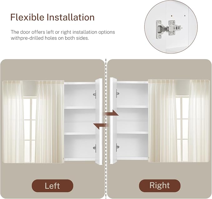 TEENFON Medicine Cabinet Mirror with 2 Doors, Mount or Recessed Bathroom Wall Cabinet, Bathroom Mirror with Storage 3 Adjustable Shelves, White, 27.6 x 22.1 inch