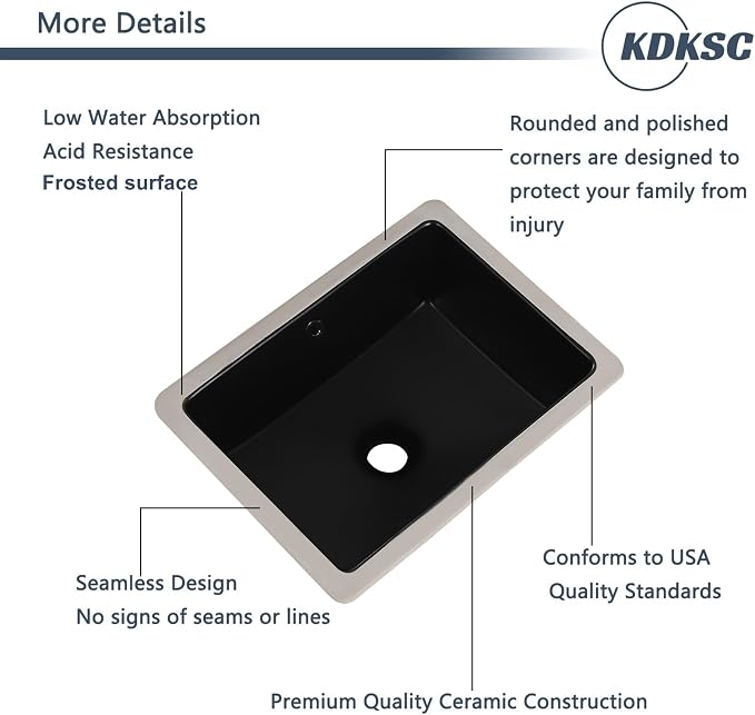 Small Undermount Bathroom Sink 16 Inch Matte Black Rectangular Porcelain Ceramic Vanity Basin with Overflow (15.7"x11.8") KDKSC