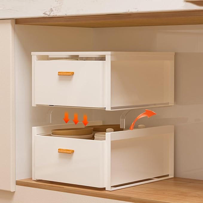 Pull Out Drawers for Cabinets Expandable Drawer Slide Out Cabinet Organizer Kitchen Extendable Drawers Storage Shelves for Kitchen Cabinets Extendable Pull Out Drawer, 30*41*34.4cm, White