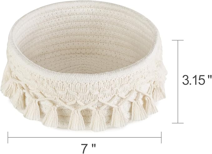 Mkono Macrame Makeup Brush Holder Organizer Comb Brushes Mini Storage Basket Set of 2 Boho Decor Baskets for Pen Pencil Box Container, Small, Ivory