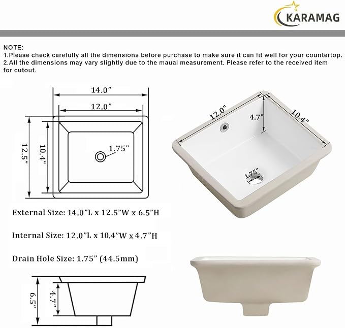 14 Inch Undermount Bathroom Sink Rectangle Small Undermount Sink White Ceramic Under Counter Bathroom Sinks with Overflow (14.0"x12.5")