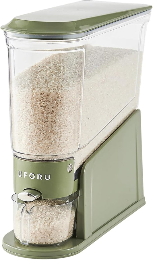 UFORU Rice Dispenser 11Lbs, Slim Rice Storage Container for Small Space, BPA-Free Clear Dry Food Dispenser Sealed Moisture Proof, Grain&Cereal Storage Bucket for Kitchen Pantry Household,Green