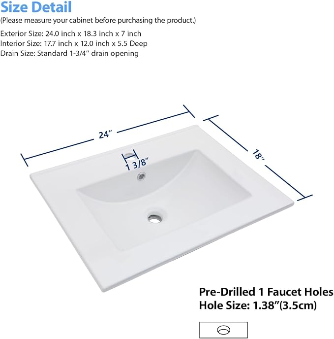 Lordear White Bathroom Sink 24 X18 Inch Vanity Sink Tops One Hole Drop In Porcelain Ceramic Bathroom Vanity Top Sink Basin 24" Inch Sinks for Bathroom