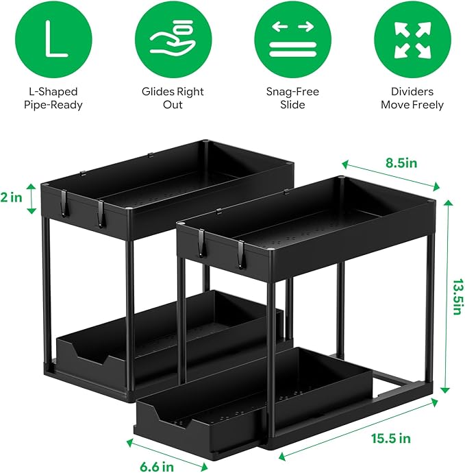 Ekisemio Under Sink Organizer 2 Pack, 2-Tier Pull-Out Bathroom Organizers and Storage, Sliding Cabinet Basket for Kitchen, Black | Sliding Drawer