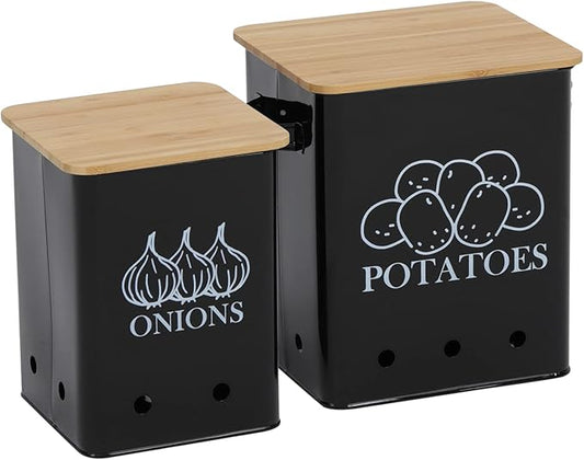 Kitchen Vegetable Storage Tins Set of 2, Onion and Potato Storage Bins with Wooden Lid and Aerating Holes, Garlic Bin Caddy, Vintage Kitchen Decor, Black