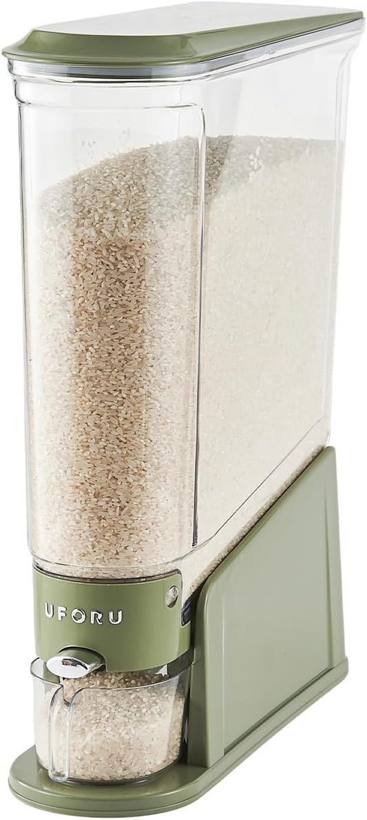 UFORU Rice Dispenser 22Lbs, Slim Rice Storage Container for Small Space, BPA-Free Clear Dry Food Dispenser Sealed Moisture Proof, Grain&Cereal Storage Bucket for Kitchen Pantry Household, Green 22Lbs