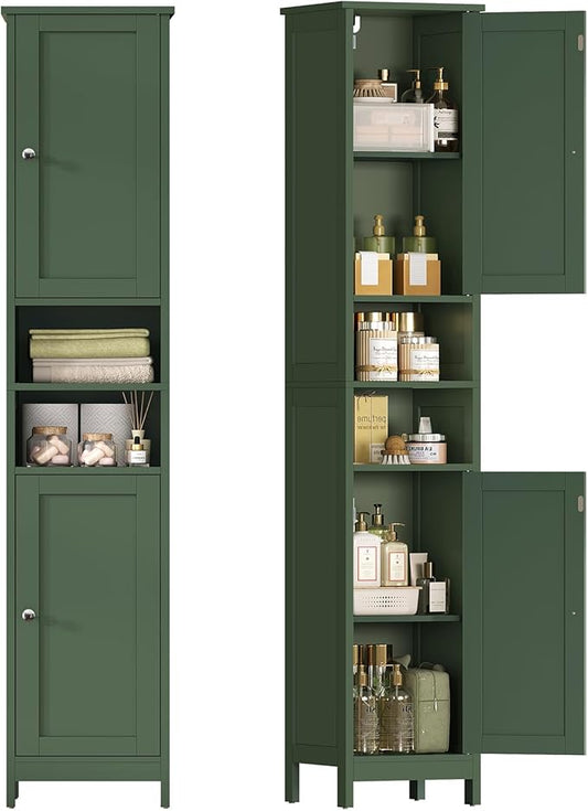 TEENFON 67" Tall Bathroom Cabinet with Adjustable Shelves and Doors, Narrow Bathroom Storage Cabinet for Small Space, Living Room, Entryway, Kitchen, Green
