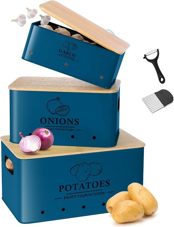 Kitchen Vegetable Storage Set of 3, Metal Onion Garlic Potato Storage Set, Kitchen Canisters Vegetable Keeper Containers with Aerating Holes and Wooden Lid (Dark Blue)