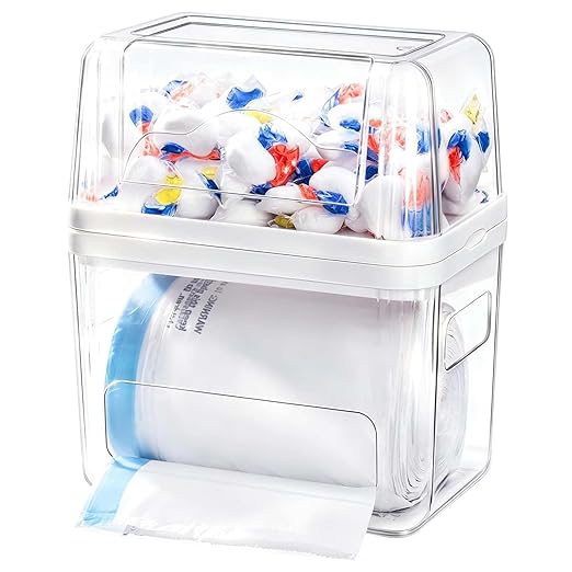Kaen Trash Bag and Laundry Pods Dispenser - 3 in 1 Garbage Bag Holder for 13/30/33 Gallon Bags, Clear Storage Bins Dishwasher Pods Container for Under Sink Organizer Laundry Room Organization
