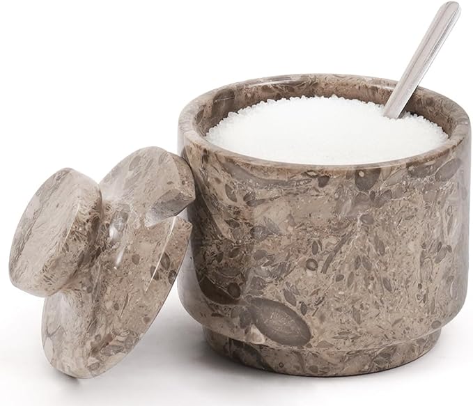 MARBLOUS KRAFTS Marble Salt Cellar Oceanic 3" Flaky Salt Dish for Countertop Ideal Spice Box, Candy Bowl, Brown Sugar Jar with Lid and Spoon, Kitchen Storage, Ideal Mother’s Day Gift for Mom