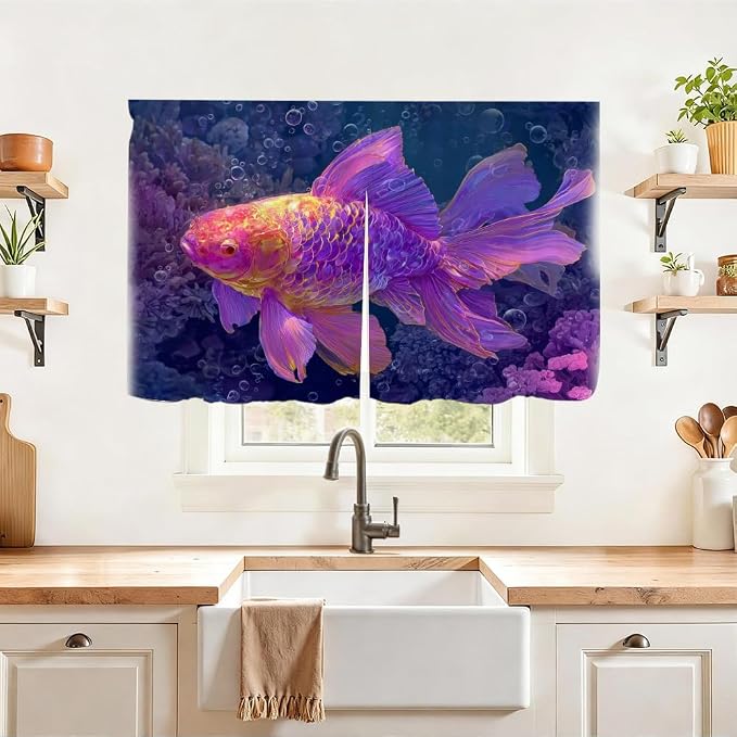 Self Adhesive Purple Goldfish Cabinet Curtain for Mother's Day, 39x28 Inch Underwater Fish Under Sink Skirt No Drill, Spring Cleaning Kitchen Decor, Hook and Loop Laundry Valance